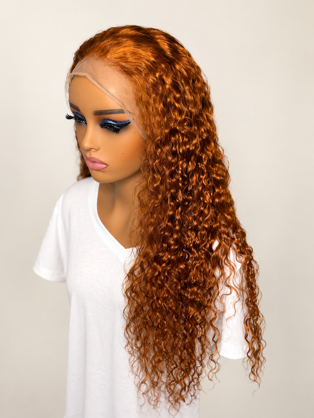 Color 350 copper auburn lace wig side view