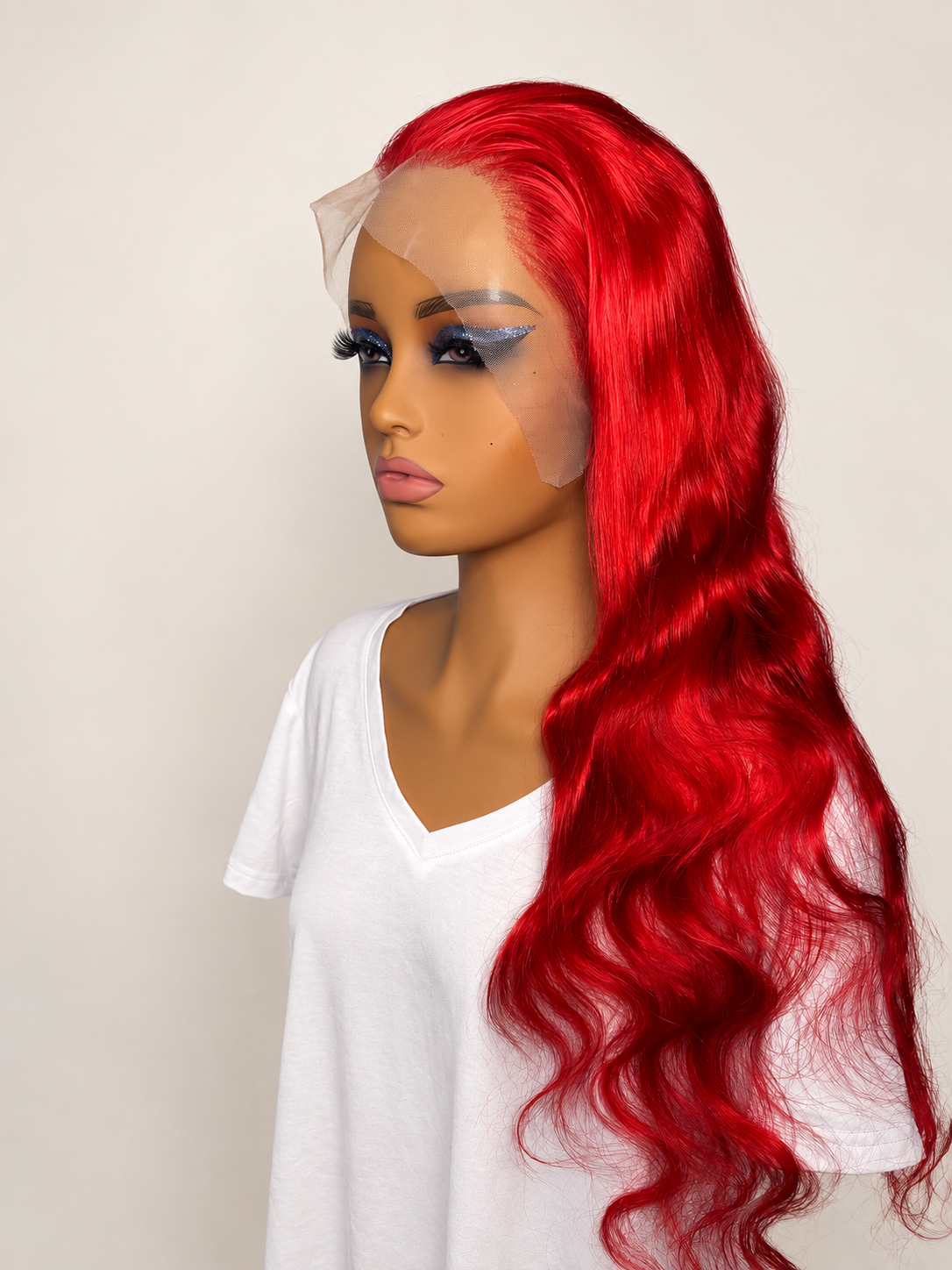 Red lace wig side view